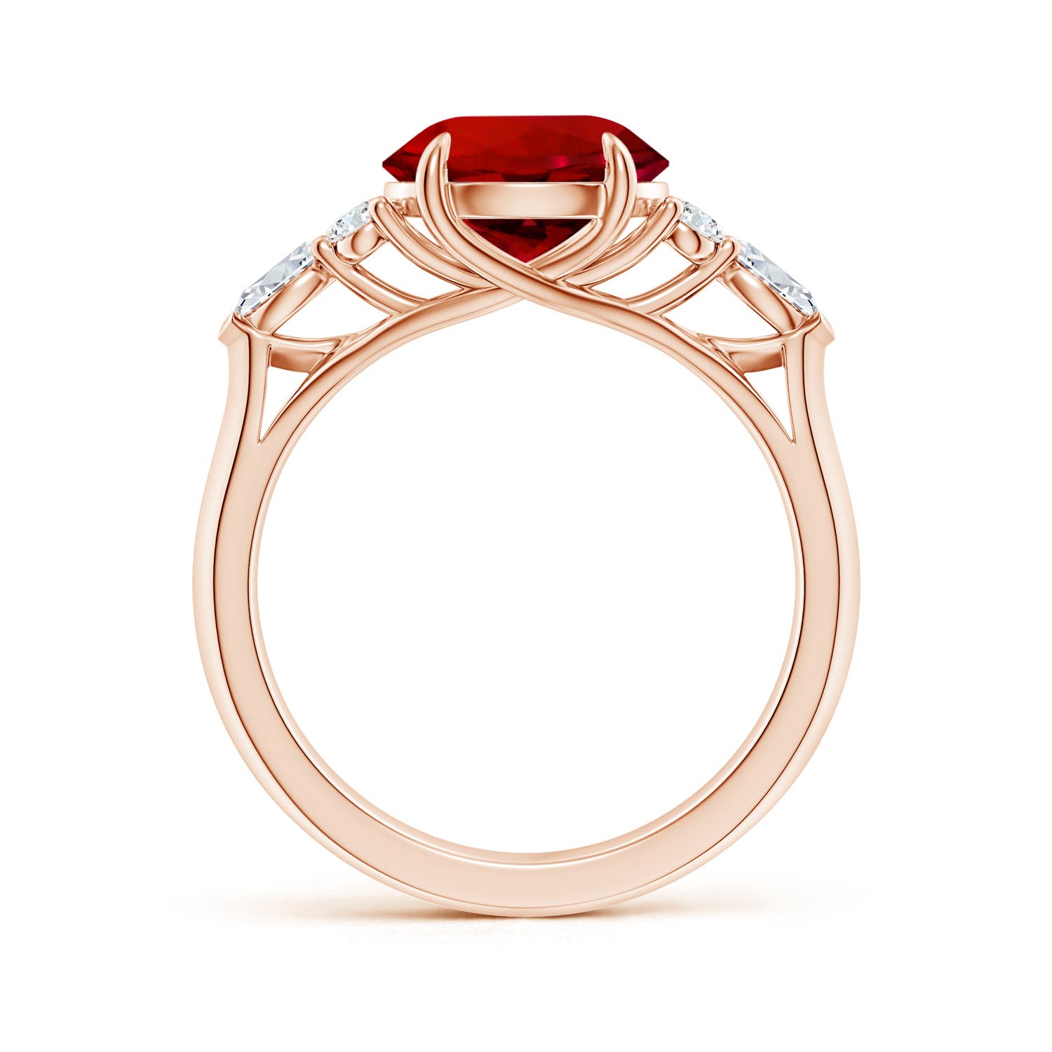 9mm Labgrown Lab-Grown Round Ruby Side Stone Engagement Ring with Diamonds in Rose Gold