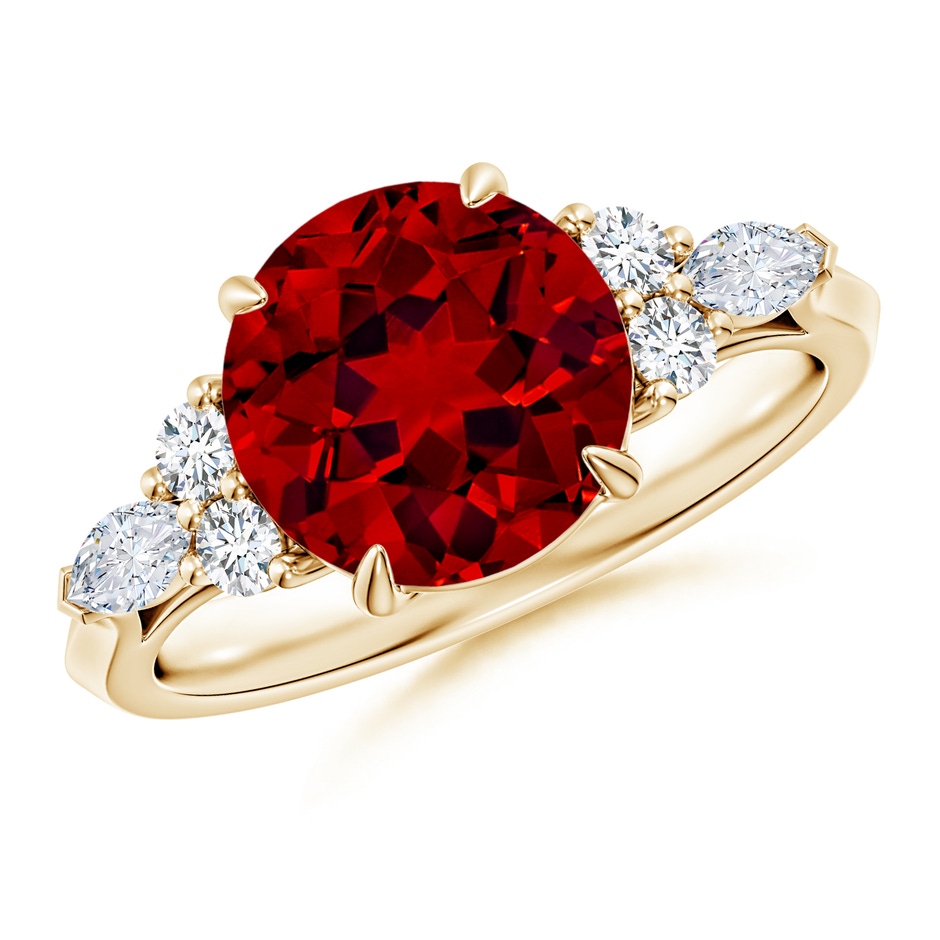 9mm Labgrown Lab-Grown Round Ruby Side Stone Engagement Ring with Diamonds in Yellow Gold 