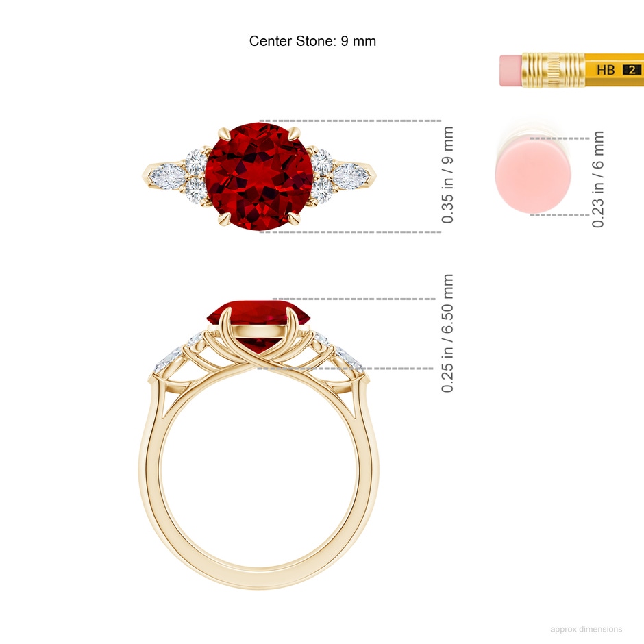 9mm Labgrown Lab-Grown Round Ruby Side Stone Engagement Ring with Diamonds in Yellow Gold ruler