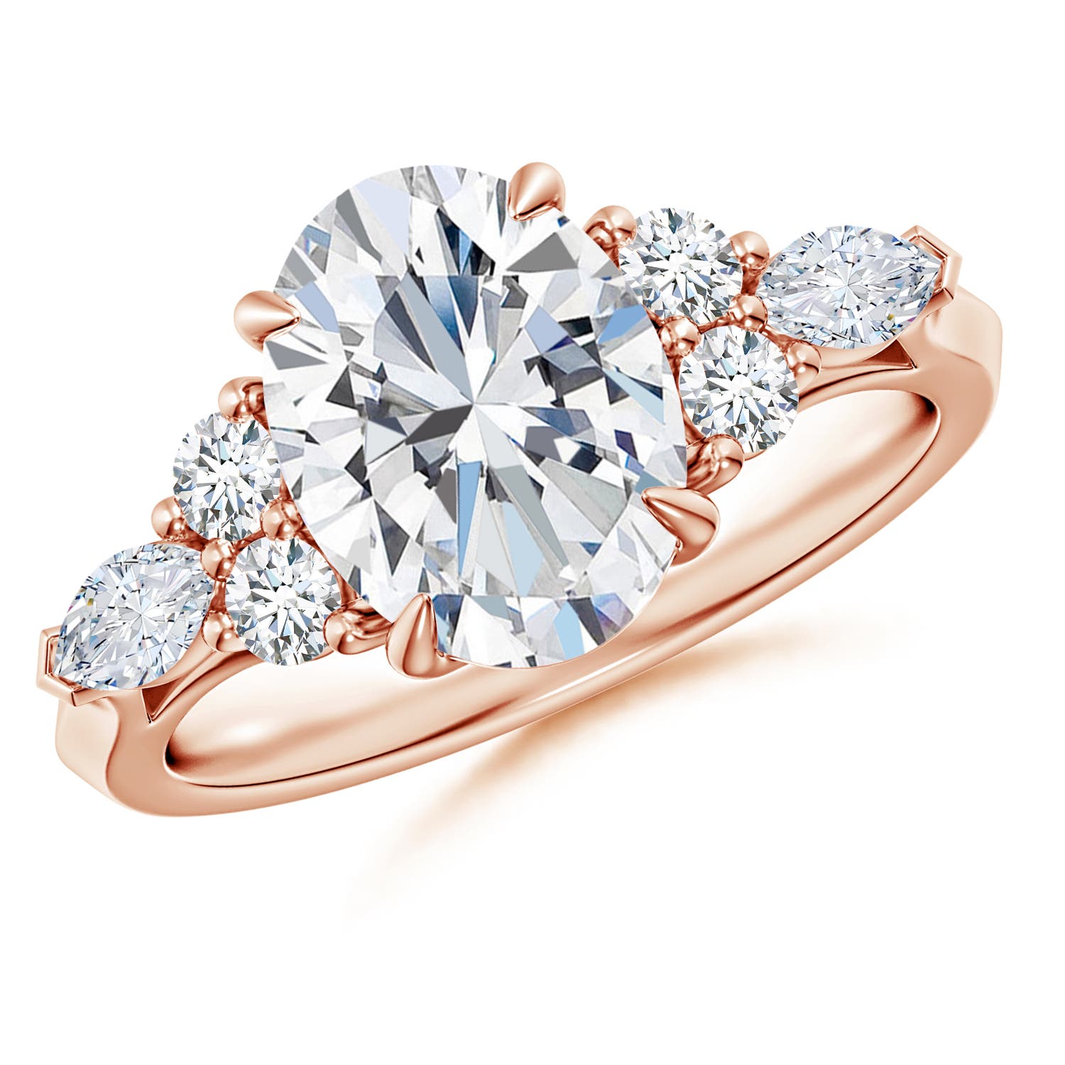 10x8mm FGVS Lab-Grown Oval Diamond Side Stone Engagement Ring with Diamonds in Rose Gold