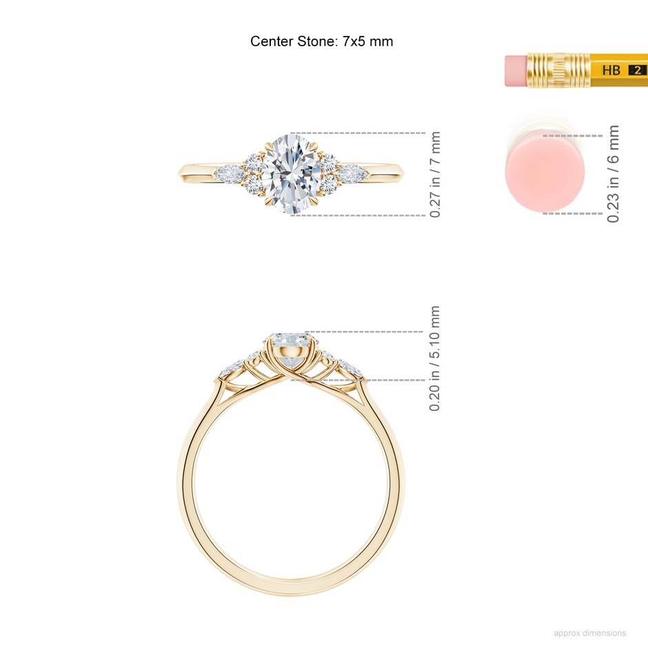 7x5mm FGVS Lab-Grown Oval Diamond Side Stone Engagement Ring with Diamonds in 18K Yellow Gold ruler