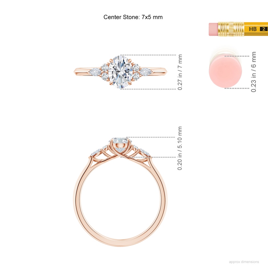7x5mm FGVS Lab-Grown Oval Diamond Side Stone Engagement Ring with Diamonds in 9K Rose Gold ruler