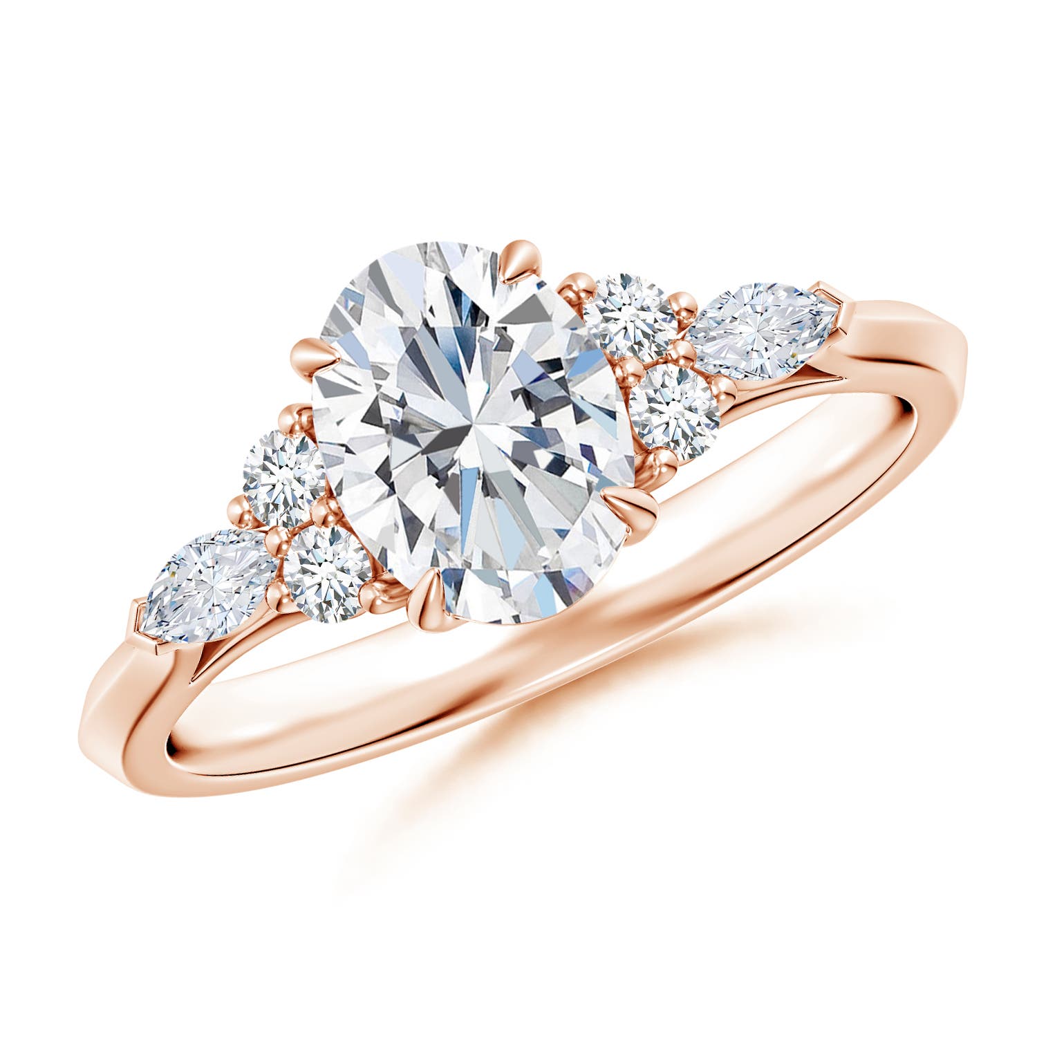 8x6mm FGVS Lab-Grown Oval Diamond Side Stone Engagement Ring with Diamonds in 18K Rose Gold