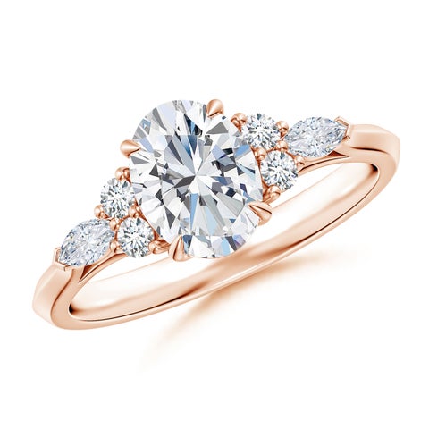 8x6mm FGVS Lab-Grown Oval Diamond Side Stone Engagement Ring with Diamonds in 18K Rose Gold