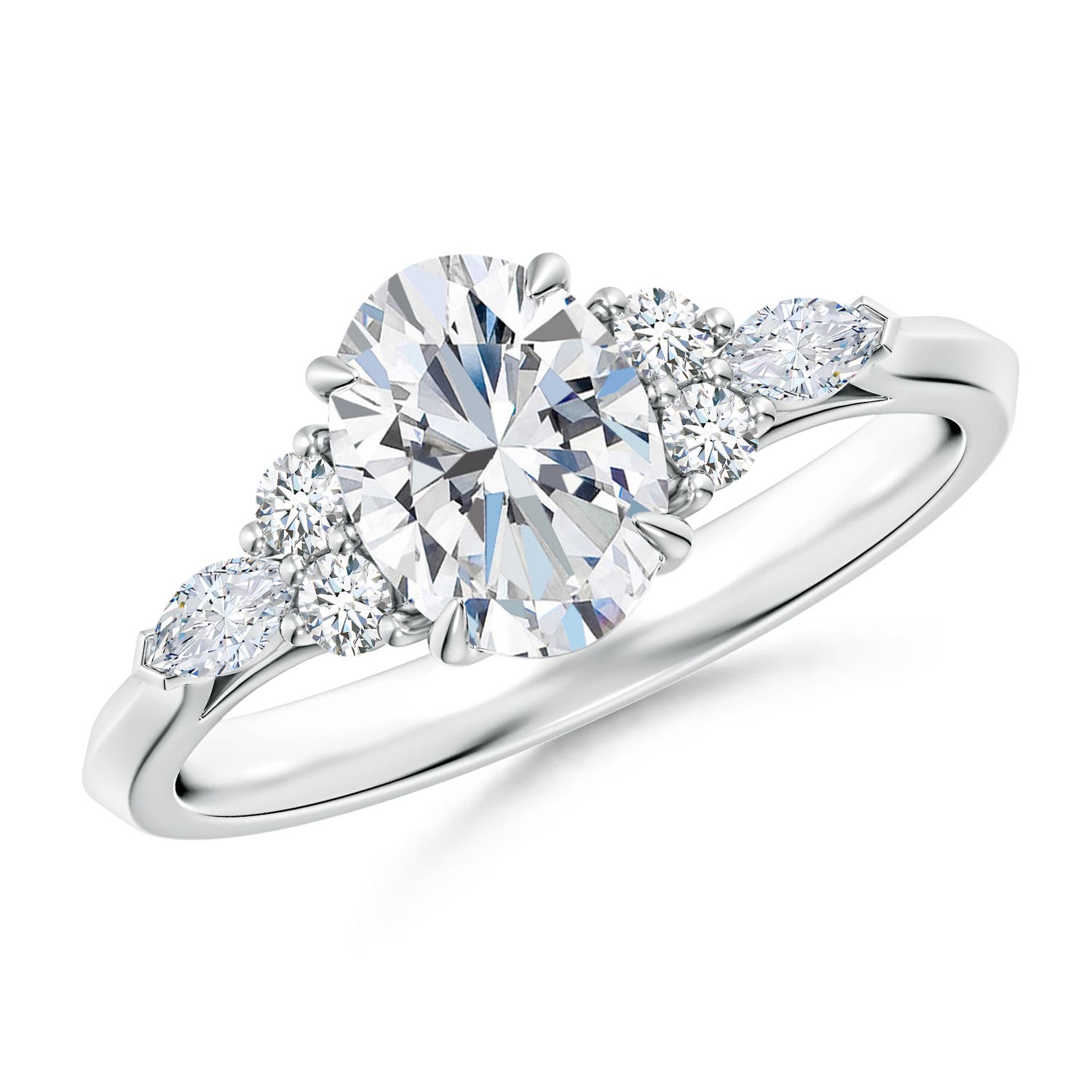 8x6mm FGVS Lab-Grown Oval Diamond Side Stone Engagement Ring with Diamonds in 18K White Gold