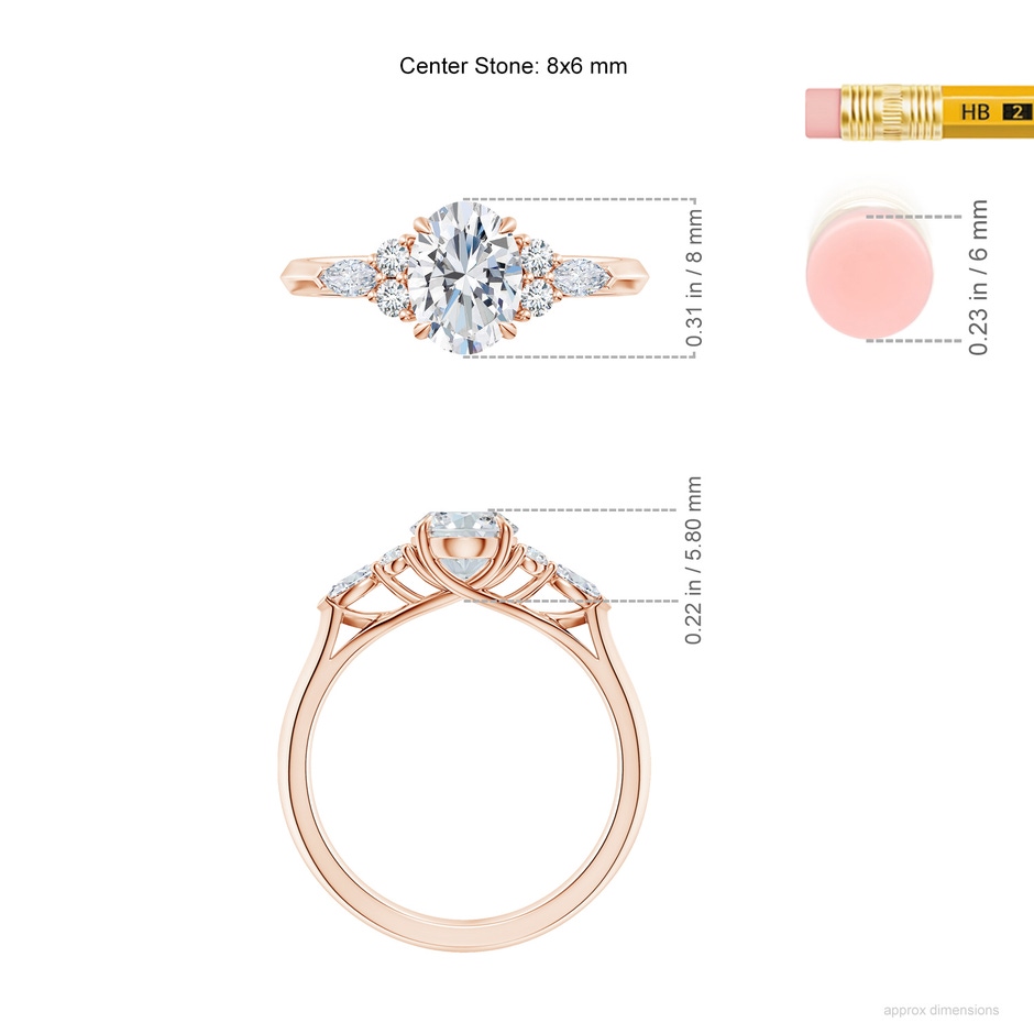 8x6mm FGVS Lab-Grown Oval Diamond Side Stone Engagement Ring with Diamonds in 9K Rose Gold ruler