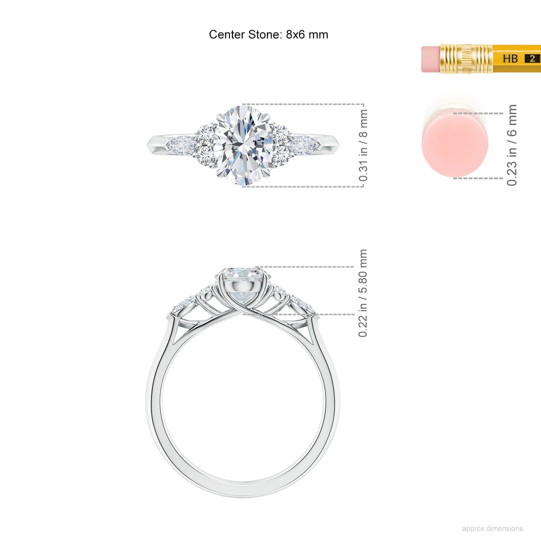 8x6mm FGVS Lab-Grown Oval Diamond Side Stone Engagement Ring with Diamonds in White Gold - ruler