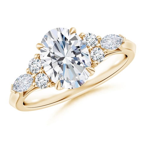 9x7mm FGVS Lab-Grown Oval Diamond Side Stone Engagement Ring with Diamonds in Yellow Gold