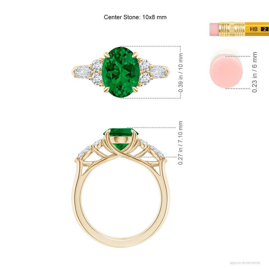 10x8mm Labgrown Lab-Grown Oval Emerald Side Stone Engagement Ring with Diamonds in 18K Yellow Gold ruler