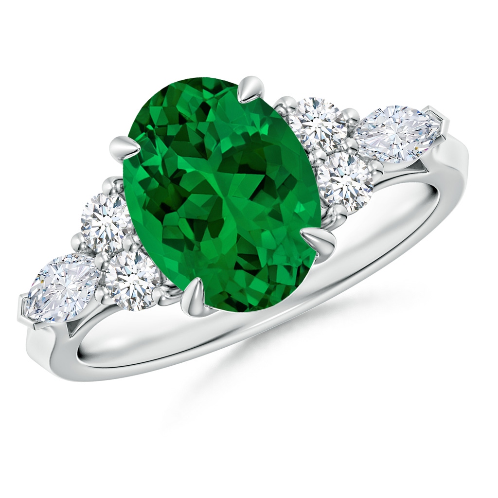 10x8mm Labgrown Lab-Grown Oval Emerald Side Stone Engagement Ring with Diamonds in P950 Platinum