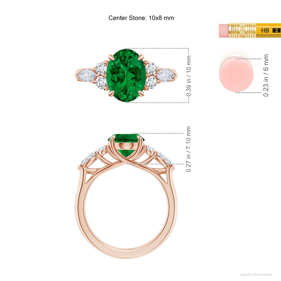 10x8mm Labgrown Lab-Grown Oval Emerald Side Stone Engagement Ring with Diamonds in Rose Gold ruler