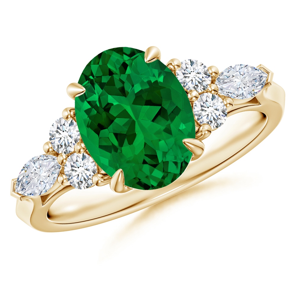 10x8mm Labgrown Lab-Grown Oval Emerald Side Stone Engagement Ring with Diamonds in Yellow Gold