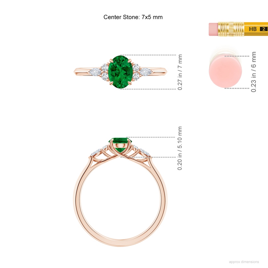7x5mm Labgrown Lab-Grown Oval Emerald Side Stone Engagement Ring with Diamonds in Rose Gold ruler