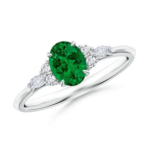 7x5mm Labgrown Lab-Grown Oval Emerald Side Stone Engagement Ring with Diamonds in White Gold