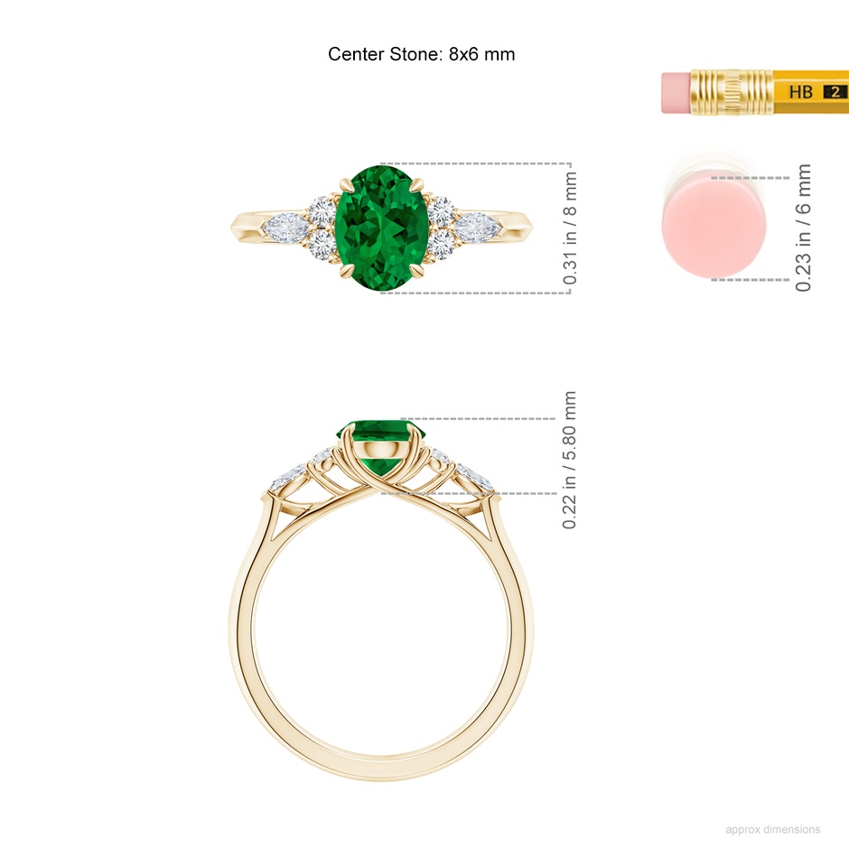 8x6mm Labgrown Lab-Grown Oval Emerald Side Stone Engagement Ring with Diamonds in 10K Yellow Gold ruler
