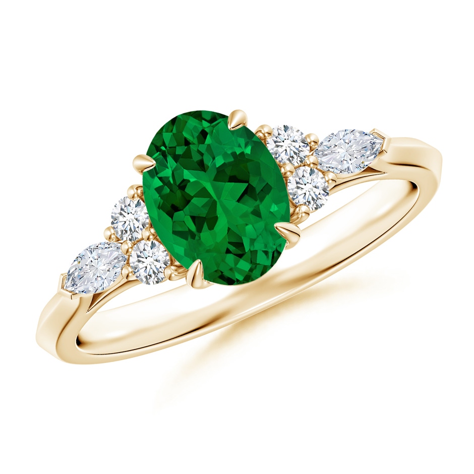 8x6mm Labgrown Lab-Grown Oval Emerald Side Stone Engagement Ring with Diamonds in Yellow Gold 
