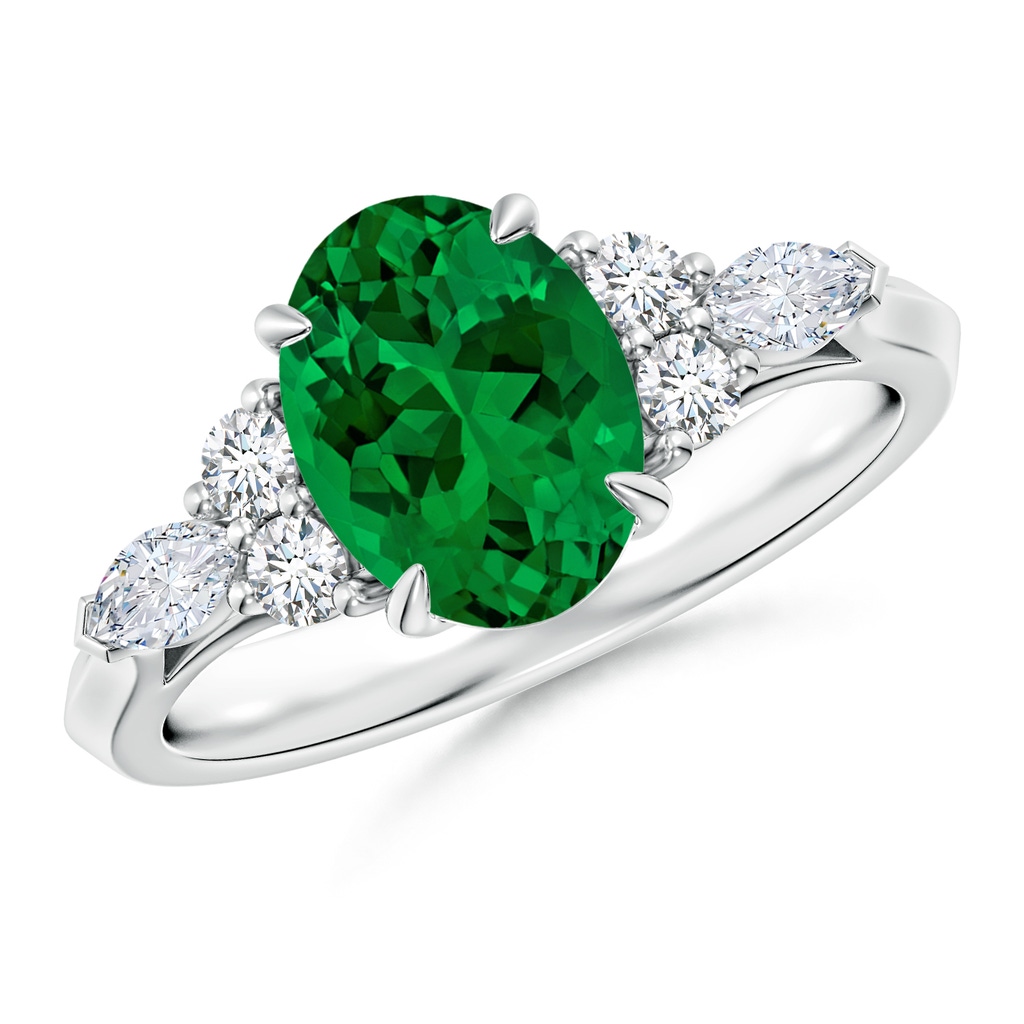 9x7mm Labgrown Lab-Grown Oval Emerald Side Stone Engagement Ring with Diamonds in White Gold