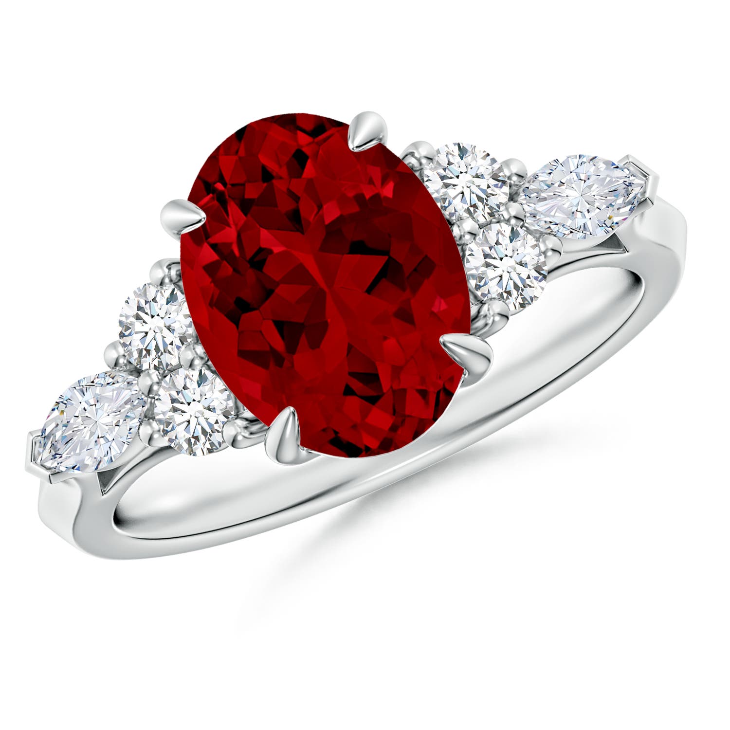 10x8mm Labgrown Lab-Grown Oval Ruby Side Stone Engagement Ring with Diamonds in 18K White Gold