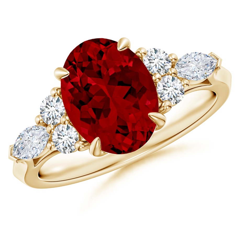 10x8mm Labgrown Lab-Grown Oval Ruby Side Stone Engagement Ring with Diamonds in Yellow Gold 