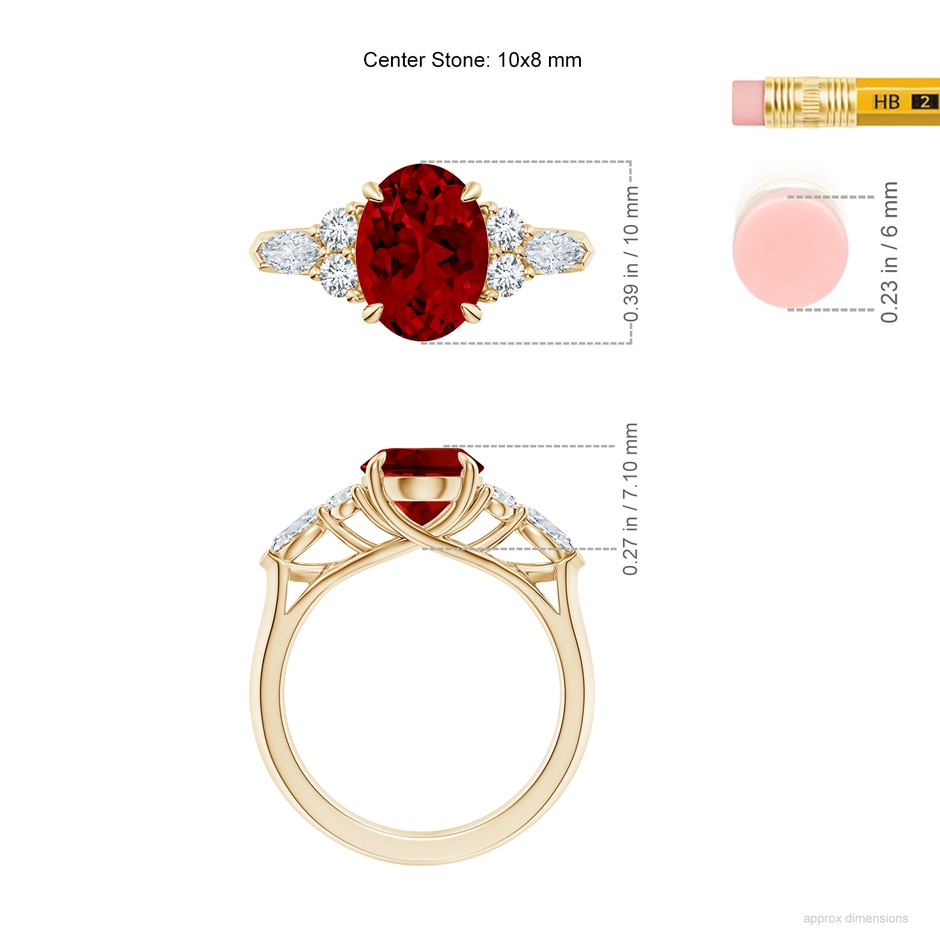 10x8mm Labgrown Lab-Grown Oval Ruby Side Stone Engagement Ring with Diamonds in Yellow Gold ruler