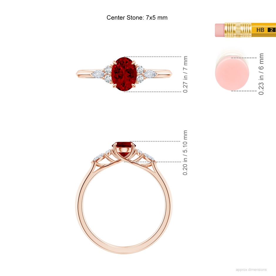7x5mm Labgrown Lab-Grown Oval Ruby Side Stone Engagement Ring with Diamonds in Rose Gold ruler