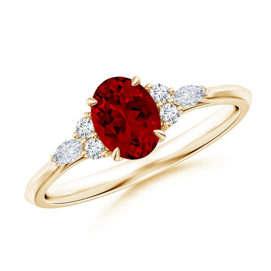 7x5mm Labgrown Lab-Grown Oval Ruby Side Stone Engagement Ring with Diamonds in Yellow Gold 