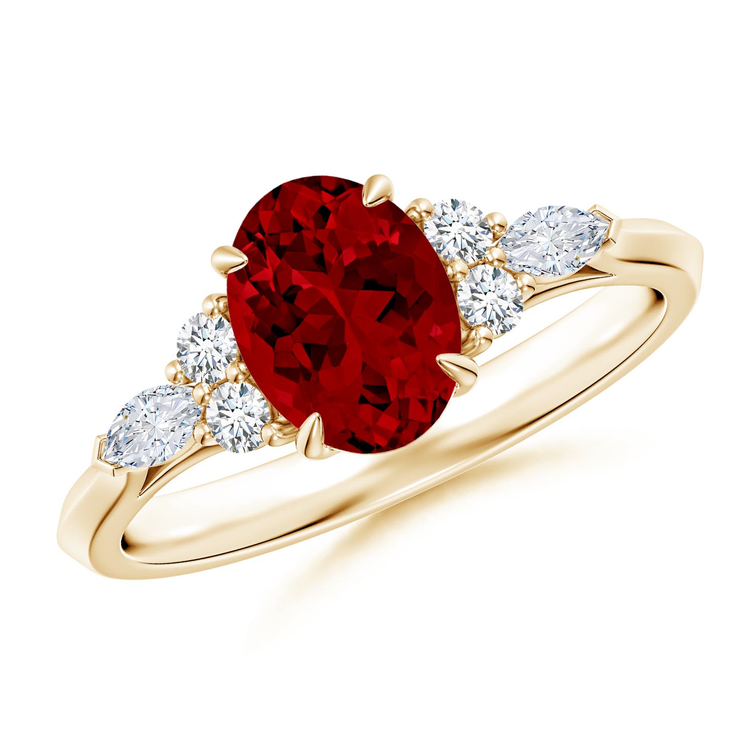 8x6mm Labgrown Lab-Grown Oval Ruby Side Stone Engagement Ring with Diamonds in Yellow Gold