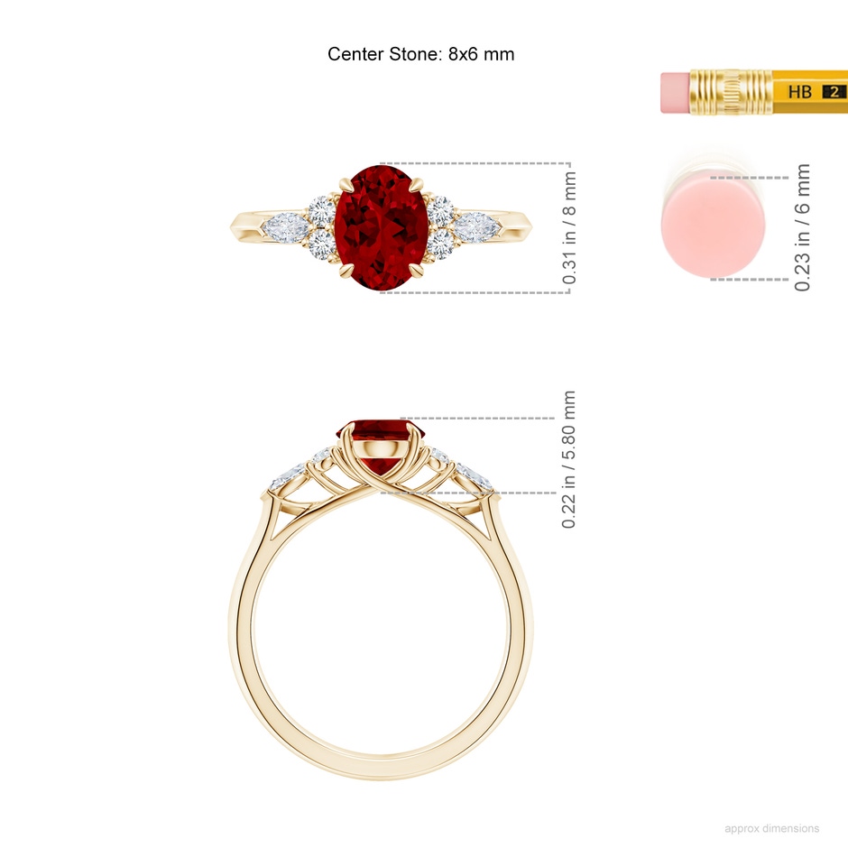 8x6mm Labgrown Lab-Grown Oval Ruby Side Stone Engagement Ring with Diamonds in Yellow Gold ruler