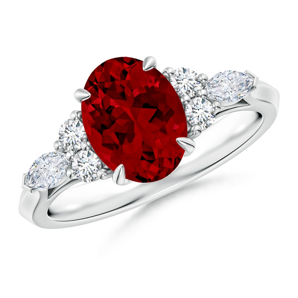 9x7mm Labgrown Lab-Grown Oval Ruby Side Stone Engagement Ring with Diamonds in White Gold