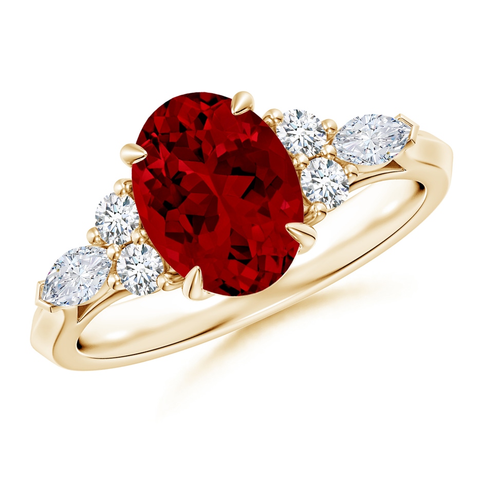 9x7mm Labgrown Lab-Grown Oval Ruby Side Stone Engagement Ring with Diamonds in Yellow Gold 