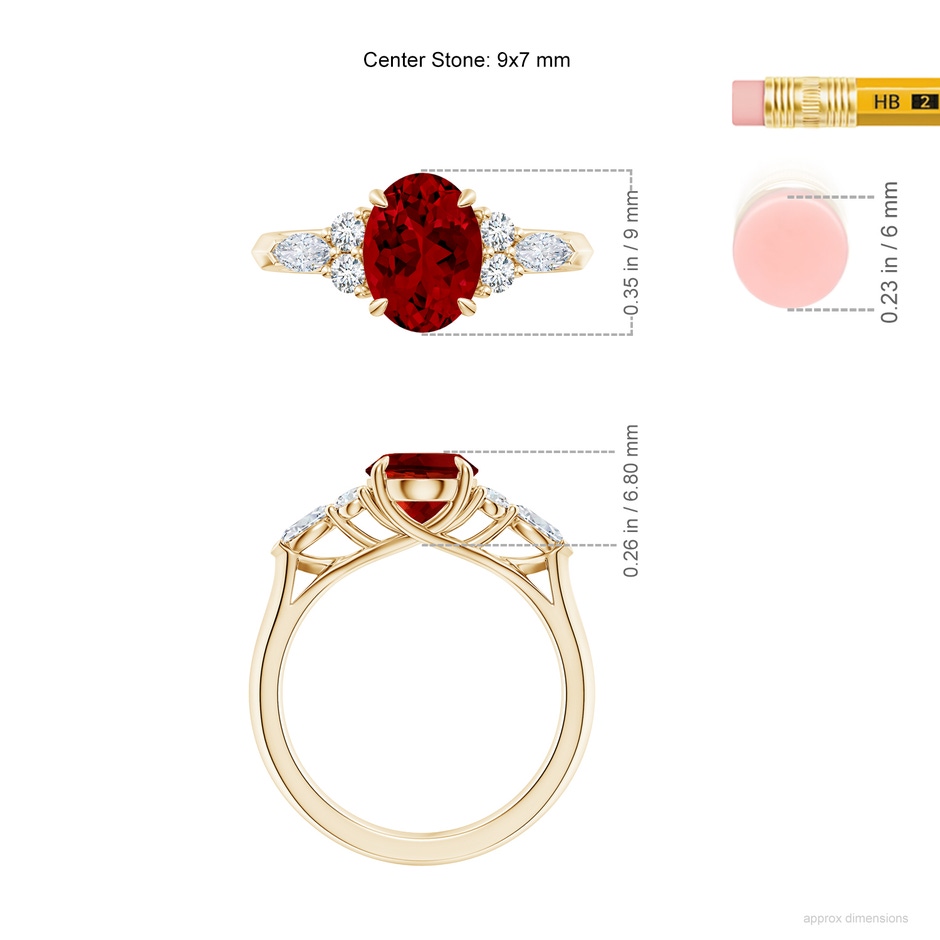 9x7mm Labgrown Lab-Grown Oval Ruby Side Stone Engagement Ring with Diamonds in Yellow Gold ruler