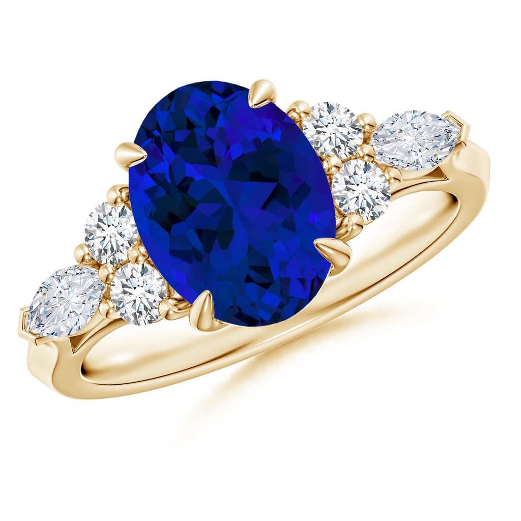 10x8mm Labgrown Lab-Grown Oval Blue Sapphire Side Stone Engagement Ring with Diamonds in Yellow Gold
