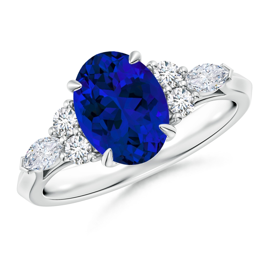 9x7mm Labgrown Lab-Grown Oval Blue Sapphire Side Stone Engagement Ring with Diamonds in White Gold 