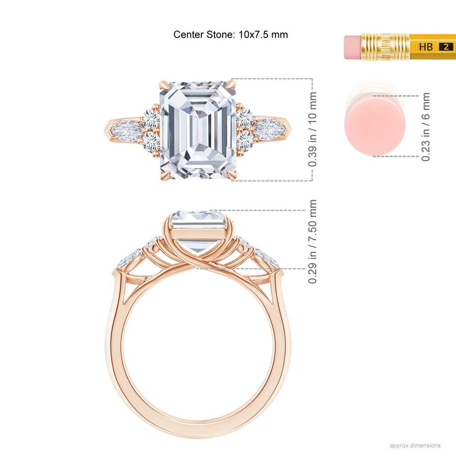 10x7.5mm FGVS Lab-Grown Emerald-Cut Diamond Side Stone Engagement Ring with Diamonds in 18K Rose Gold ruler