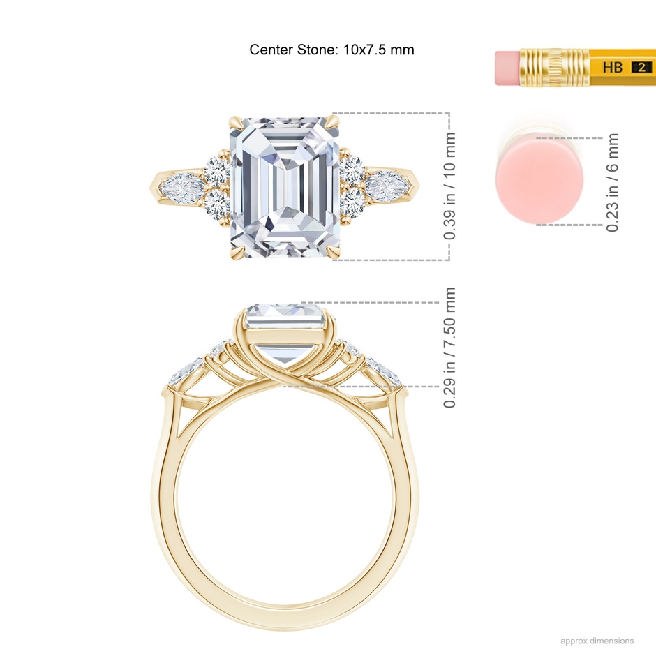 10x7.5mm FGVS Lab-Grown Emerald-Cut Diamond Side Stone Engagement Ring with Diamonds in Yellow Gold ruler