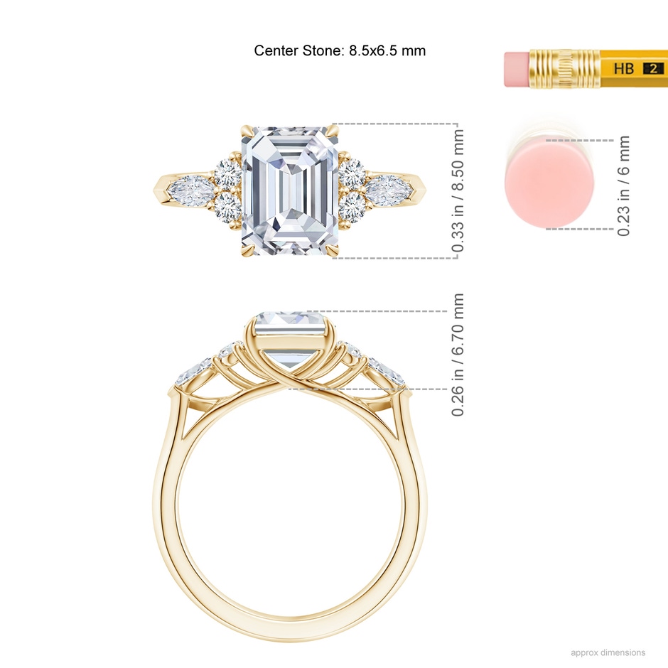 8.5x6.5mm FGVS Lab-Grown Emerald-Cut Diamond Side Stone Engagement Ring with Diamonds in Yellow Gold ruler