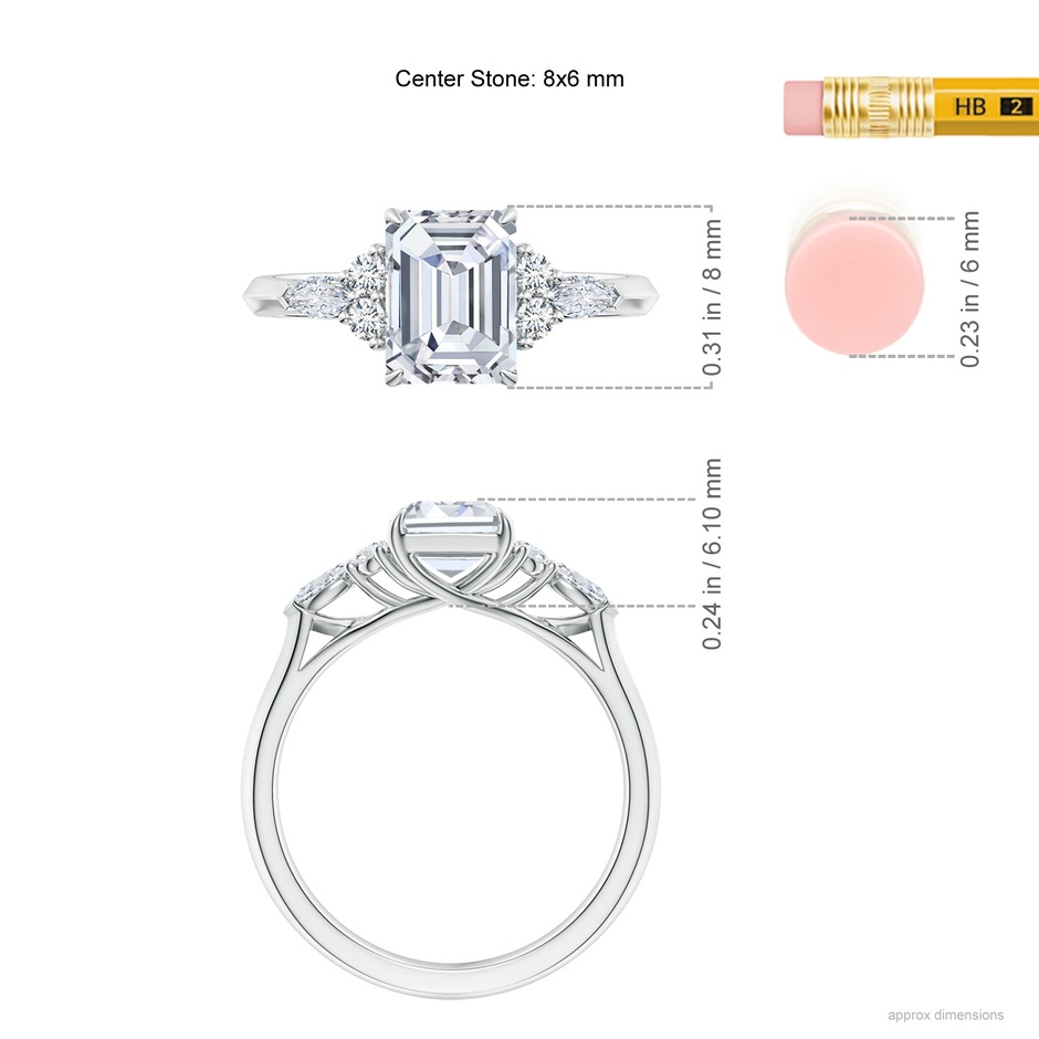 8x6mm FGVS Lab-Grown Emerald-Cut Diamond Side Stone Engagement Ring with Diamonds in White Gold ruler