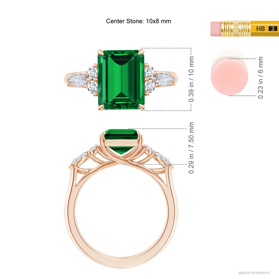 10x8mm Labgrown Lab-Grown Emerald-Cut Emerald Side Stone Engagement Ring with Diamonds in 18K Rose Gold ruler