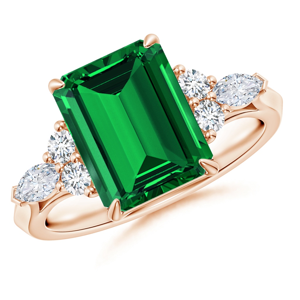 10x8mm Labgrown Lab-Grown Emerald-Cut Emerald Side Stone Engagement Ring with Diamonds in Rose Gold