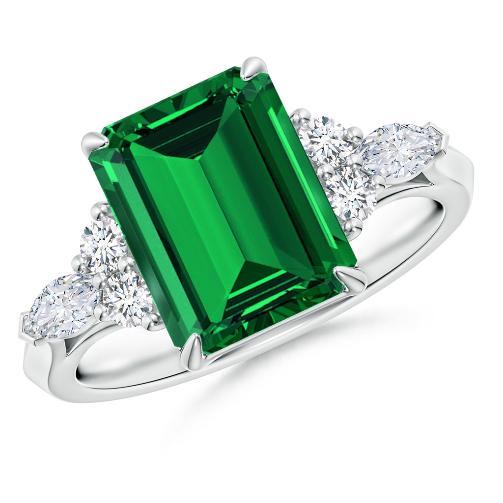 10x8mm Labgrown Lab-Grown Emerald-Cut Emerald Side Stone Engagement Ring with Diamonds in White Gold