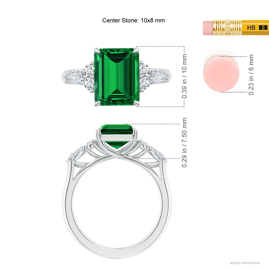10x8mm Labgrown Lab-Grown Emerald-Cut Emerald Side Stone Engagement Ring with Diamonds in White Gold ruler