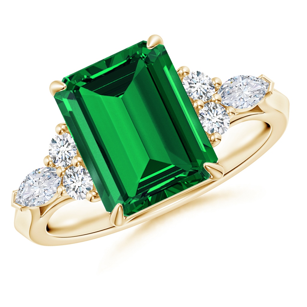 10x8mm Labgrown Lab-Grown Emerald-Cut Emerald Side Stone Engagement Ring with Diamonds in Yellow Gold