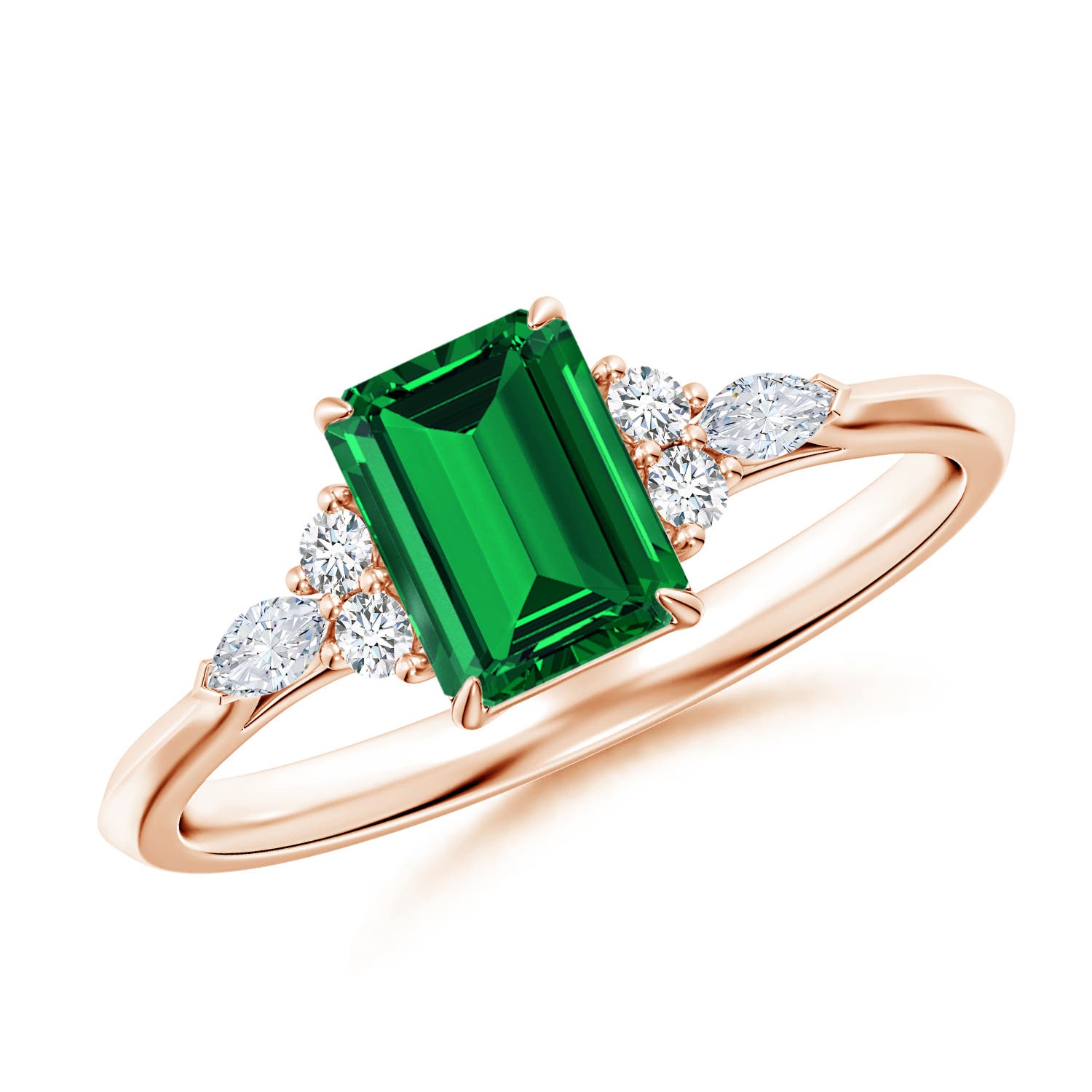 7x5mm Labgrown Lab-Grown Emerald-Cut Emerald Side Stone Engagement Ring with Diamonds in 18CT Rose Gold