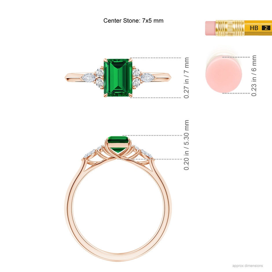 7x5mm Labgrown Lab-Grown Emerald-Cut Emerald Side Stone Engagement Ring with Diamonds in Rose Gold ruler