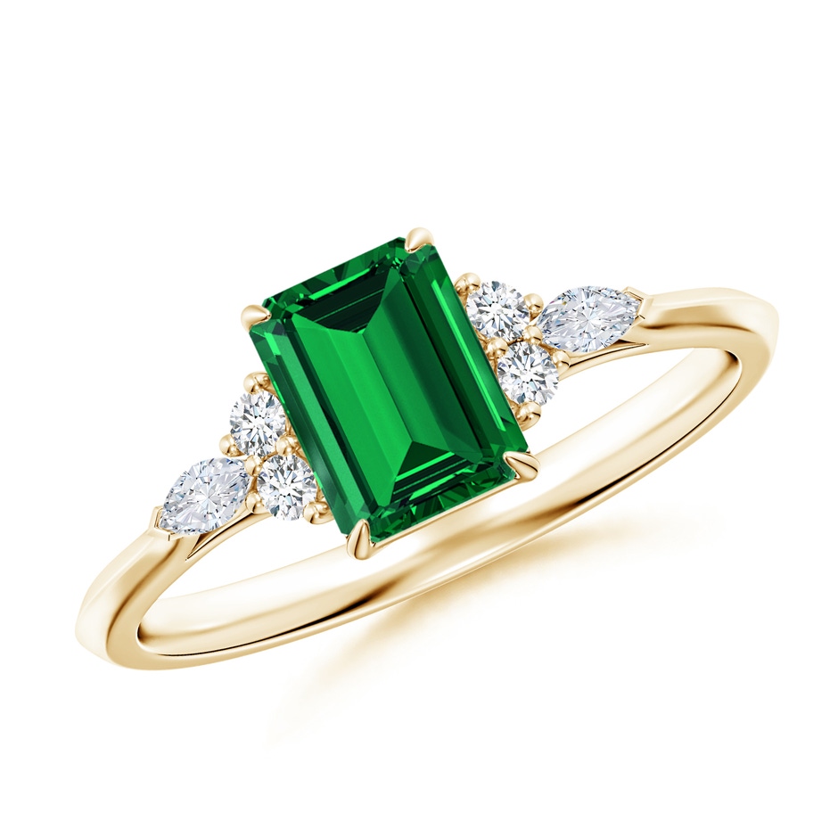7x5mm Labgrown Lab-Grown Emerald-Cut Emerald Side Stone Engagement Ring with Diamonds in Yellow Gold 