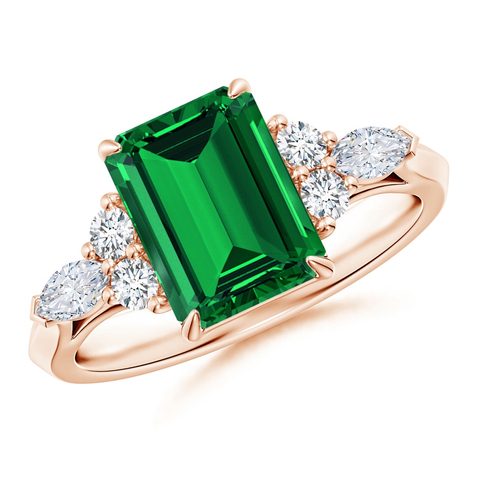 9x7mm Labgrown Lab-Grown Emerald-Cut Emerald Side Stone Engagement Ring with Diamonds in Rose Gold 