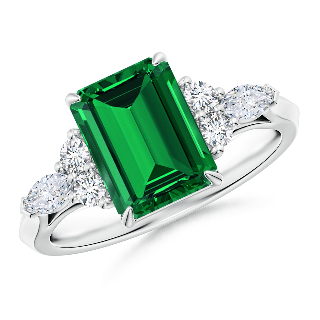 9x7mm Labgrown Lab-Grown Emerald-Cut Emerald Side Stone Engagement Ring with Diamonds in White Gold
