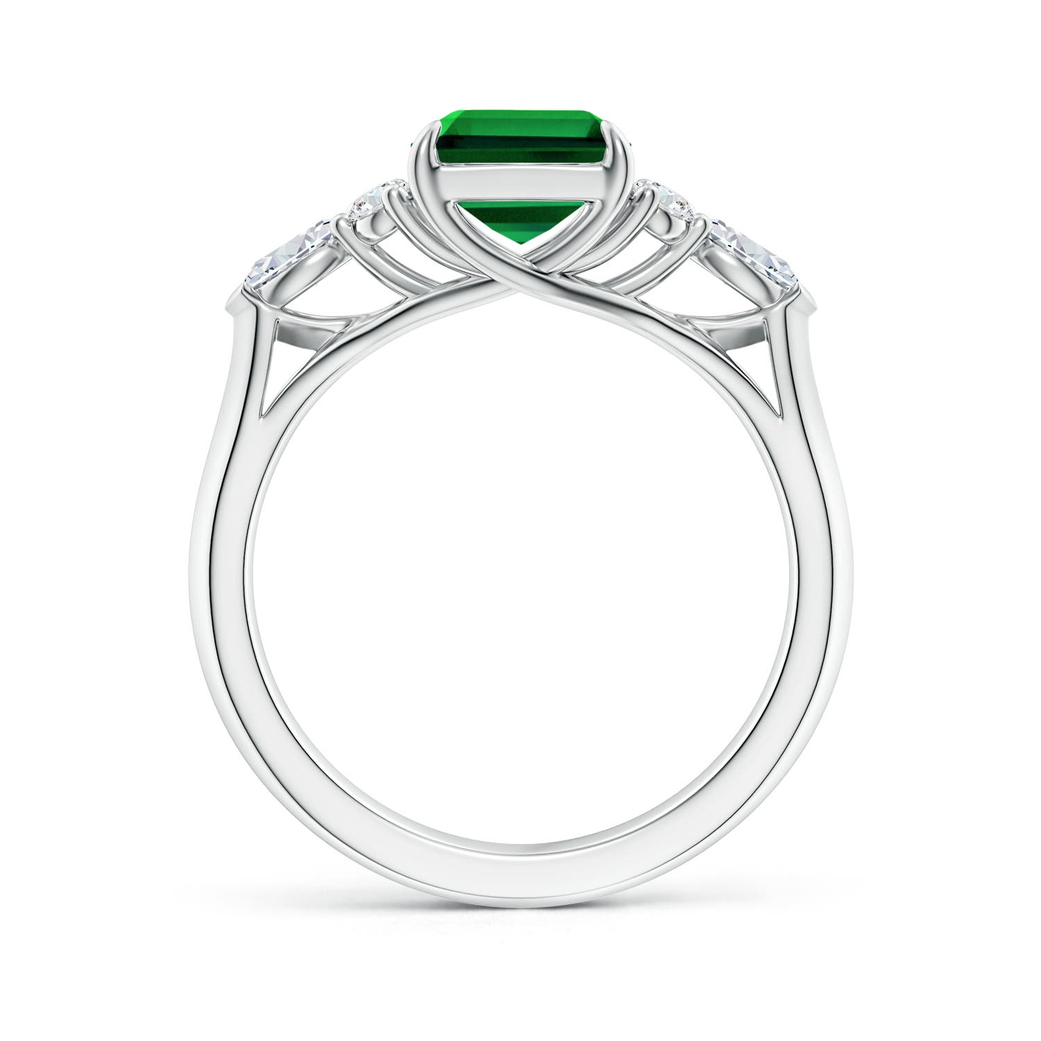 9x7mm Labgrown Lab-Grown Emerald-Cut Emerald Side Stone Engagement Ring with Diamonds in White Gold - side 2
