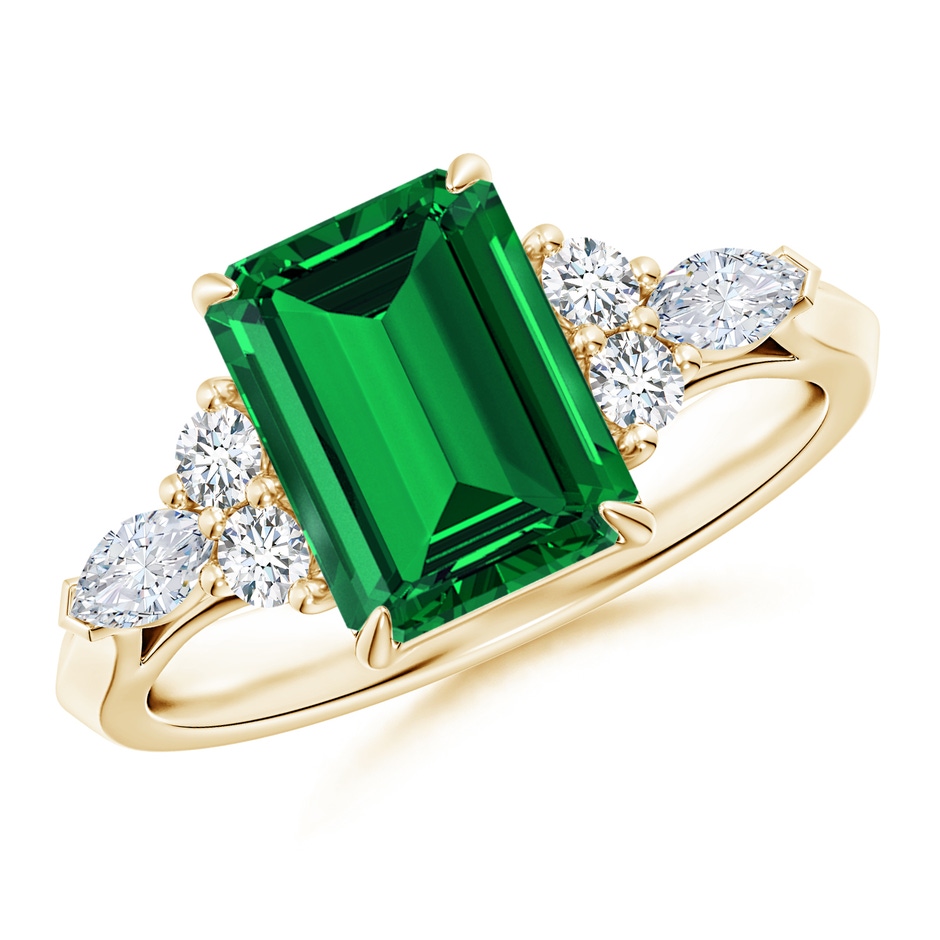 9x7mm Labgrown Lab-Grown Emerald-Cut Emerald Side Stone Engagement Ring with Diamonds in Yellow Gold 