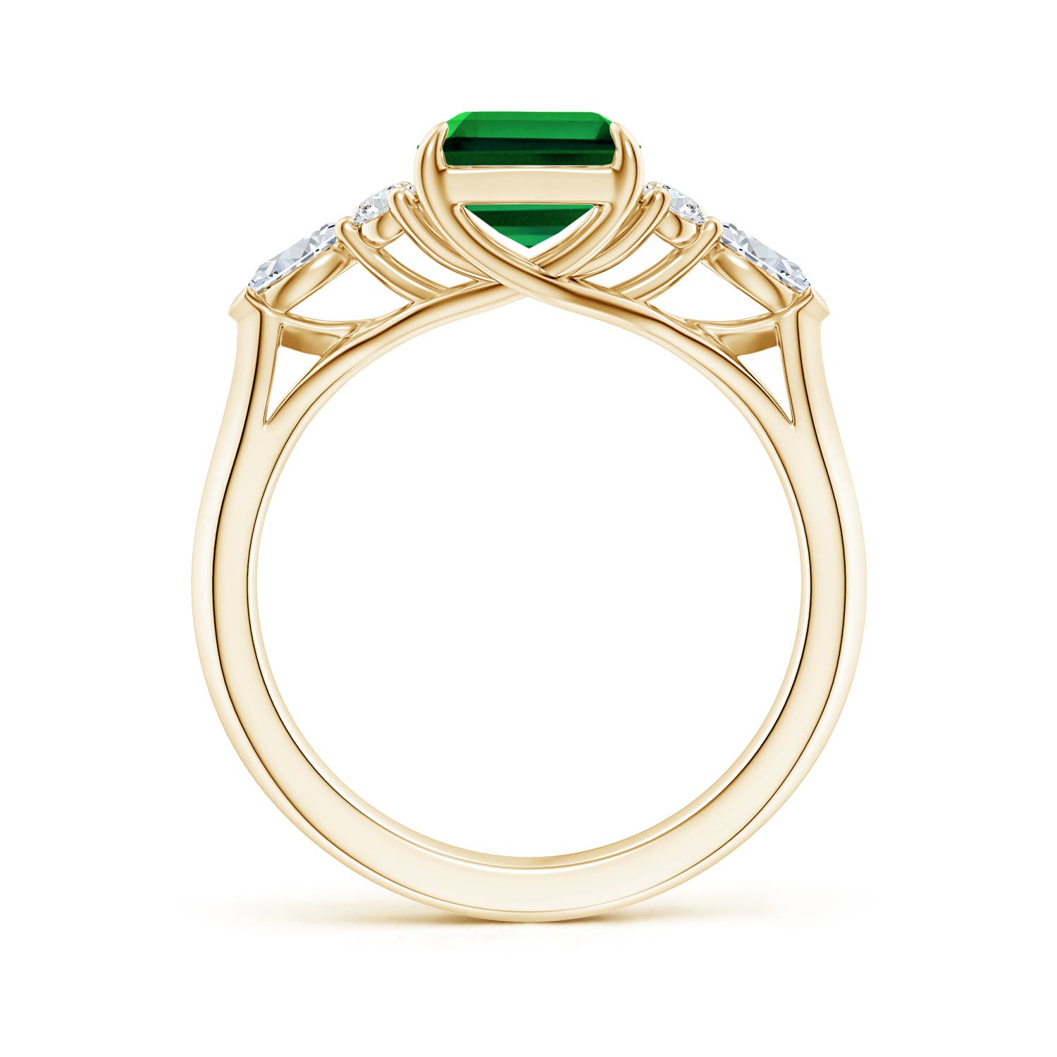 9x7mm Labgrown Lab-Grown Emerald-Cut Emerald Side Stone Engagement Ring with Diamonds in Yellow Gold - side 2